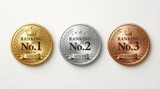 Premium Quality Gold, Silver, and Bronze Ranking Medals with Crowns and Laurel Wreaths for Winners