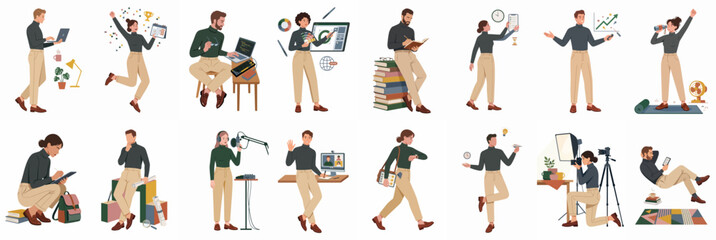 Obraz premium Comprehensive set of modern character illustrations depicting diverse professional and personal activities like working, studying, designing, photographing, and relaxing.