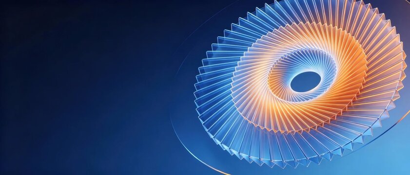 Abstract futuristic 3d spiral made of layered transparent glowing sheets in blue and orange gradient on dark blue background dynamic technology design concept