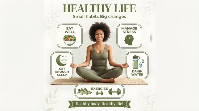 Healthy life concept with a young woman meditating and wellness tips like diet sleep exercise hydration and stress management