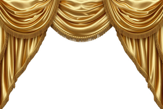 Ornate golden stage curtain with three swags