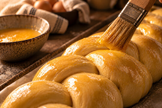 Close-up of egg wash being brushed onto braided brioche dough