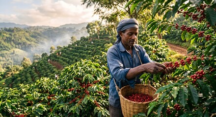 Fototapeta premium Experienced farmer hand-picking ripe red coffee cherries on a lush terraced plantation, symbolizing sustainable agriculture and traditional cultivation practices