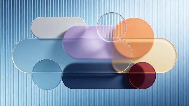 Modern abstract geometric composition with overlapping translucent multicolored rounded rectangles and circles on ribbed blue background contemporary minimalist decorative design concept
