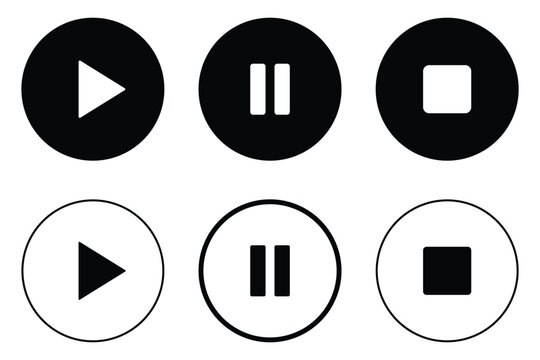 Play pause stop buttons, audio video playback symbols, modern flat interface elements, media control icons. Modern user interface symbols for recording, streaming platforms and mobile applications.