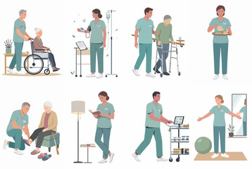 Fototapeta premium Set of flat illustrations depicting caregivers and medical staff providing various types of support and healthcare services to elderly patients in different settings.