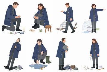 Collection of illustrated characters in navy blue coats engaged in various thoughtful and exploratory activities, depicting themes of journey, reflection, and discovery. © Siti