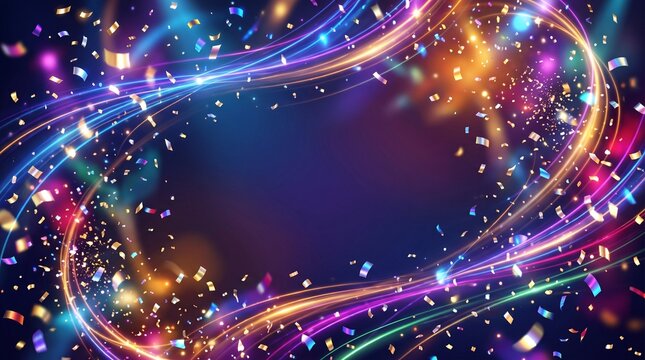 Abstract background with vibrant glowing light trails and colorful bokeh particles forming a dynamic circular frame border