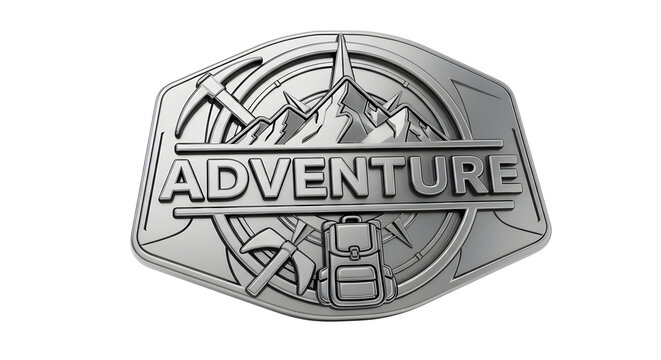 Metallic Adventure Badge with Mountain, Pickaxe, Backpack, and Compass Symbols