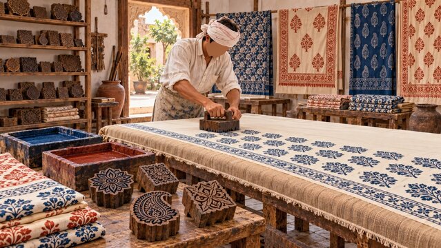 Artisan craftsman block printing traditional floral patterns onto fabric in a workshop