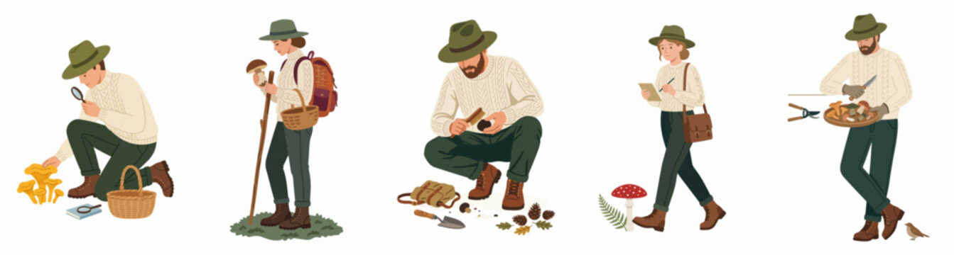 Set of illustrations showing people foraging for mushrooms in the forest, including collecting, inspecting, and studying various fungal species in nature.