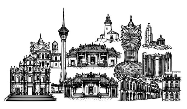 Dubai city landmark skyline hand drawn illustration featuring modern skyscrapers towers and distinctive architectural buildings