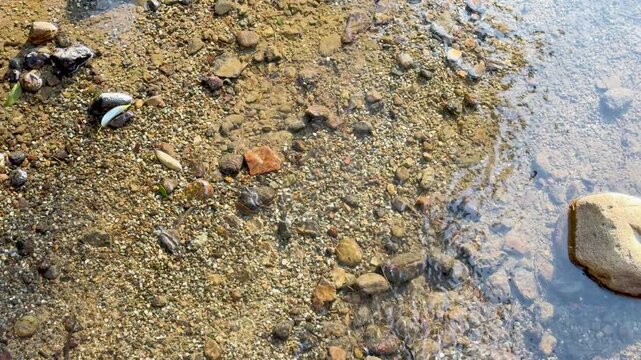 Top down view of clear river water flowing over gravel and small stones with natural sunlight reflection.