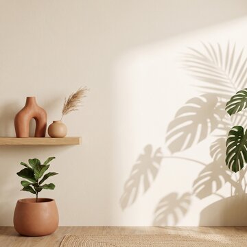 Minimalist interior with plants and ceramic decor bathed in soft natural light and shadow