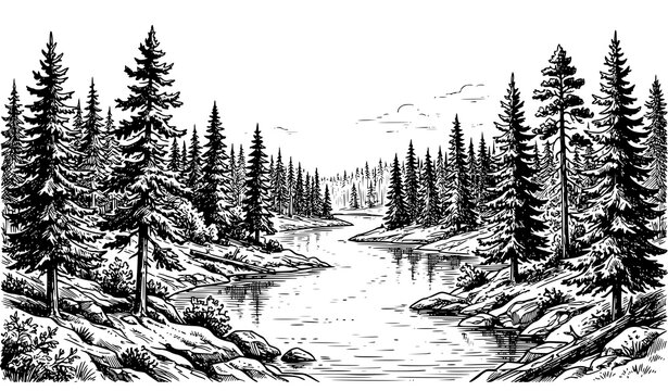 Mountain forest river landscape hand drawn sketch with pine trees rocks flowing water and distant hills