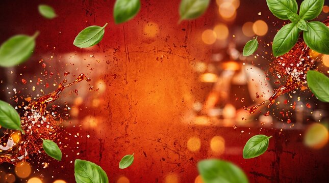 Vibrant explosion of fresh herbs and spices including basil and chili peppers floating