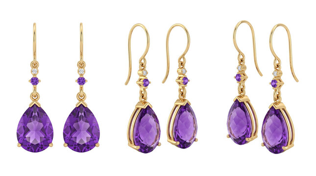 Amethyst drop earrings from 3 angles, jewelry mockup isolated on transparent background