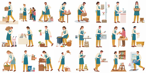 Fototapeta premium Large collection of diverse volunteers in aprons working at a charity food bank, sorting donations, and helping people in need, isolated on white.