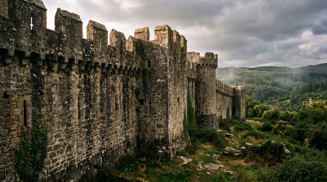 Majestic Ancient Medieval Castle Wall with Stone Battlements Overlooking a Lush Green Mountainous Landscape under Cloudy Skies