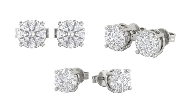 Diamond stud earrings product re from 3 angles, jewelry mockup isolated on transparent background