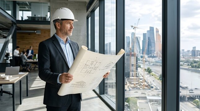 Architect looking through an office window at the city skyline