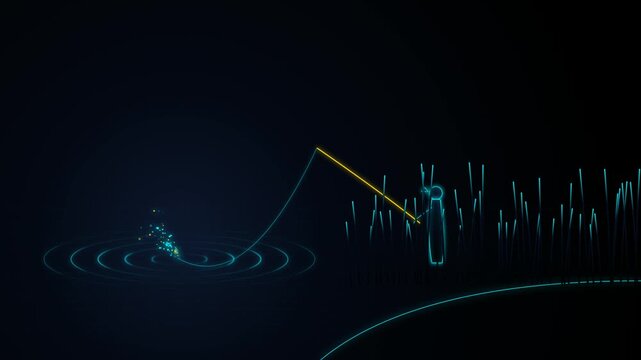 Abstract stick figure person fishing in a dark pond with glowing neon lines and ripples 4k Motion Video