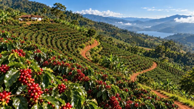 Aerial view of a lush coffee plantation with red ripe berries on a sunny mountain hillside.