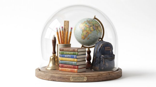 Miniature school items set inside a glass cloche with globe and stacked books