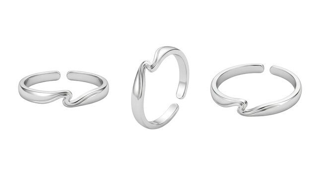 Three silver toe rings from 3 angles, jewelry mockup isolated on transparent background