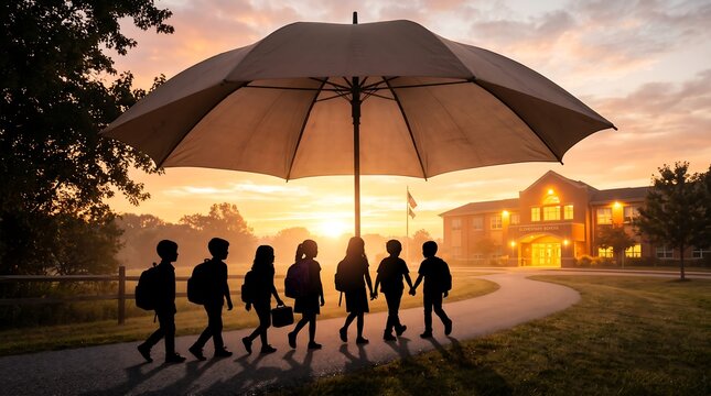 Group of schoolchildren walking home under a large umbrella at sunrise