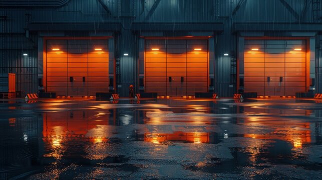 Automated logistics hub in storm showcasing warehouse lights and doors
