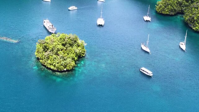 Aerial view of sailboats and luxury yachts anchored in turquoise bay near tropical limestone island at Koror Palau.