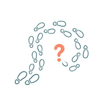 Footsteps walking in a circle around a question mark icon