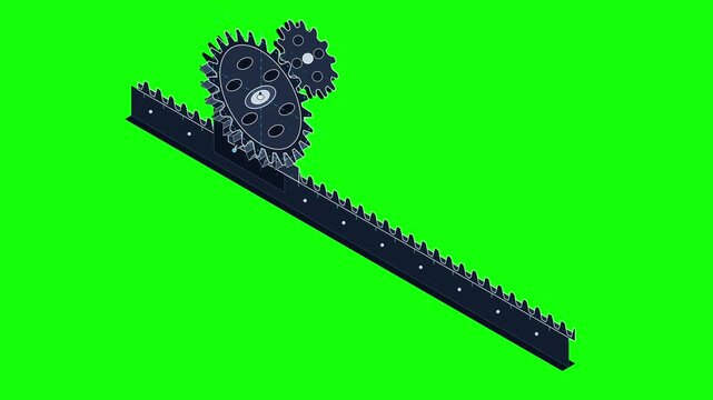 Isometric rack and pinion gear mechanism rotating on green background