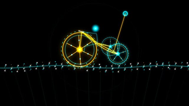 Abstract glowing neon bicycle icon made of light lines riding on a digital particle ground against a dark black background 4k Motion Video