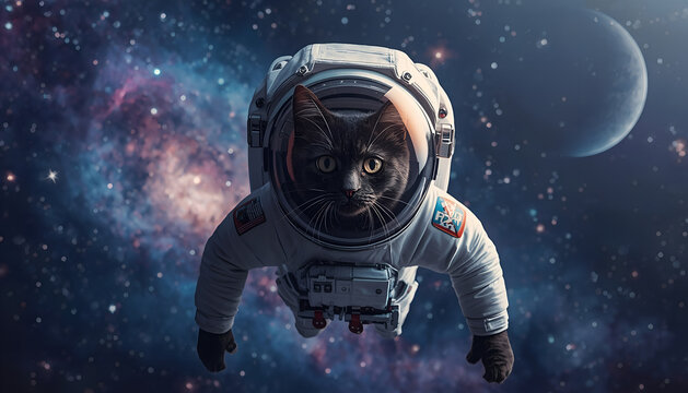 A black cat wearing a white space suit floating in outer space