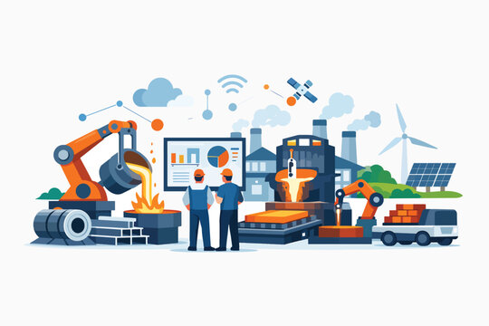 Industrial automation and smart manufacturing concept with robotics and data analytics
