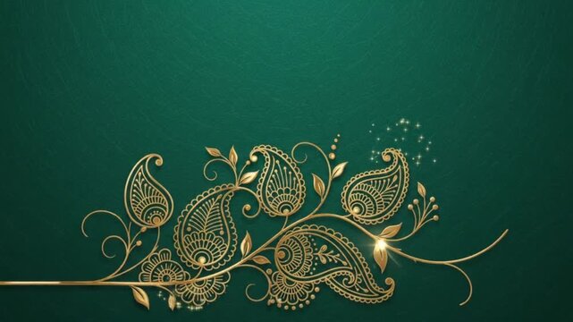 Golden henna paisley vines growing on green