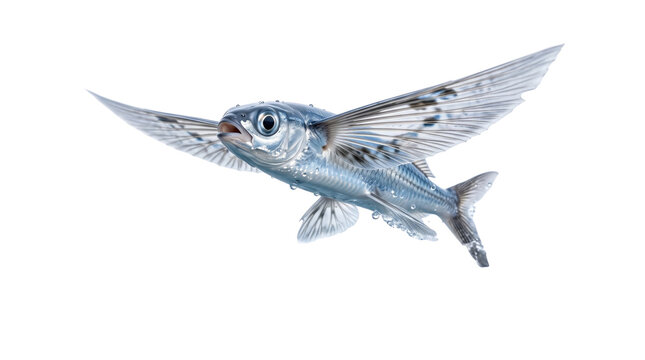 Flying fish with iridescent silver scales, tropical marine exocoetidae with spread wings, oceanic wildlife on white background