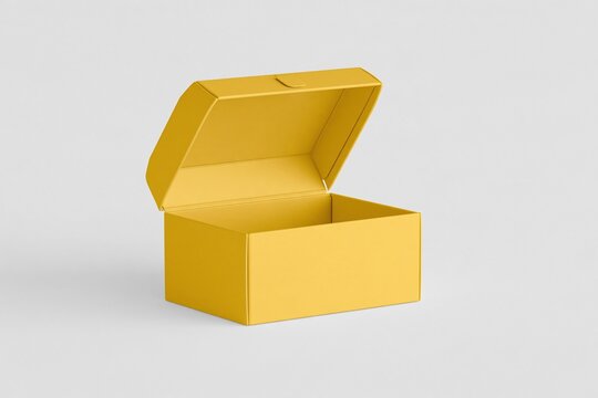 Open empty bright yellow rigid gift box placed on plain light gray background blank product packaging mockup for branding and gifting presentation concept