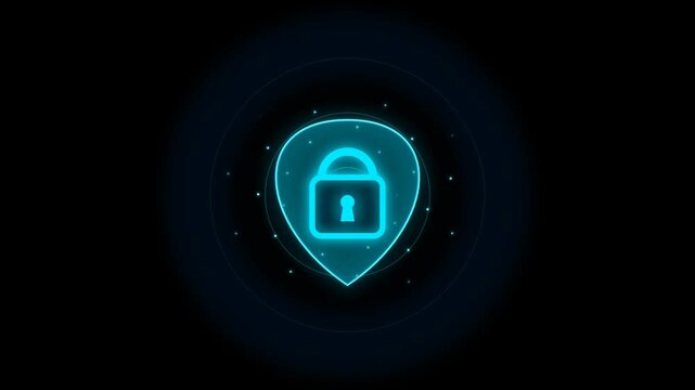 Glowing neon blue shield icon with a closed padlock inside representing digital security and data protection against a dark background 4k Motion Video