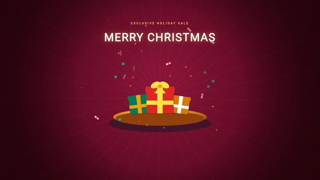 A 2D motion graphics holiday animation featuring colorful Christmas gift boxes on a podium with exploding confetti and sparkles