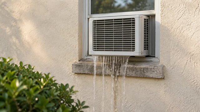 庭側から見た窓用エアコンの下端から水が滴り落ちて窓台を濡らす様子
