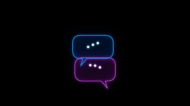 Neon glowing speech bubbles icons with three dots for chat communication and digital messaging interface on a dark black background 4k Motion Video