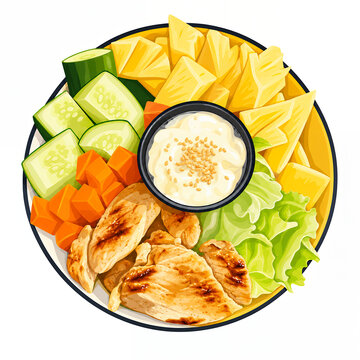 Colorful salad bowl with central dip and chicken