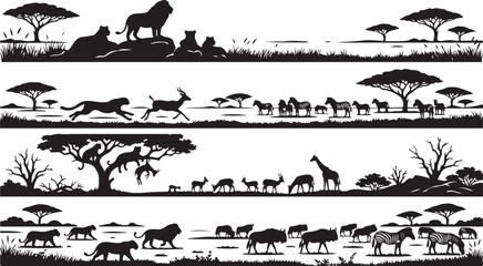 Obraz premium African savanna wildlife silhouettes featuring lions, zebras, giraffes, antelopes, and acacia trees in a natural landscape on white background