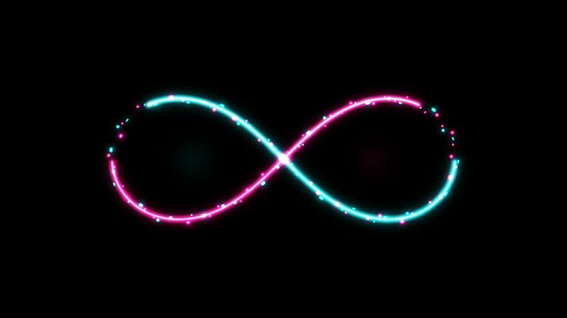 Glowing neon infinity symbol with blue and pink light particles on a dark black background 4k Motion Video