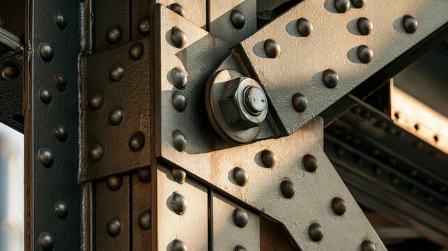 Closeup of old riveted steel metal bridge structure with central bolt and nut warm sunlight hitting aged metal surface industrial architecture detail concept
