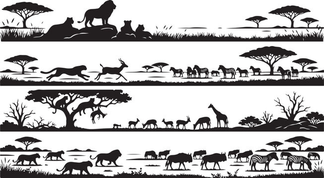African savanna wildlife silhouettes featuring lions, zebras, giraffes, antelopes, and acacia trees in a natural landscape on white background