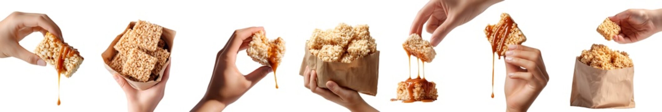 Set of hand holding cube bars of rice crispy, cereal treats snack grains, takeout paper brown bag, caramel sauce dip drip, pile group stack bitten broken, transparent cutout PNG. Many style Mockup